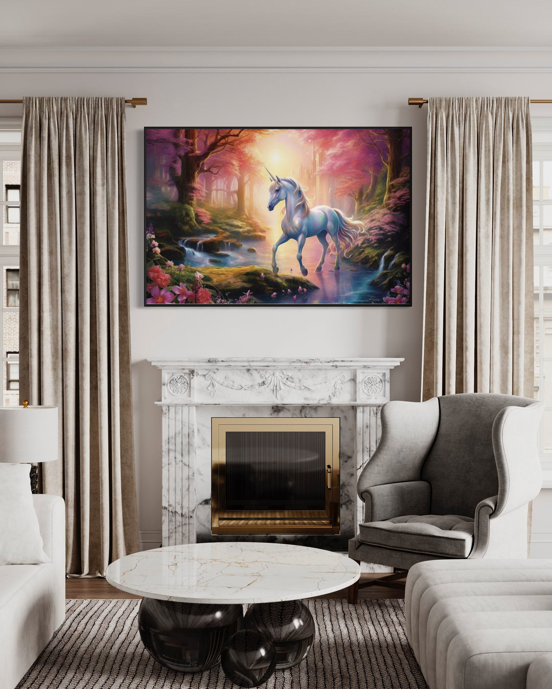 Magical Unicorn Framed Canvas Wall Art above fireplace