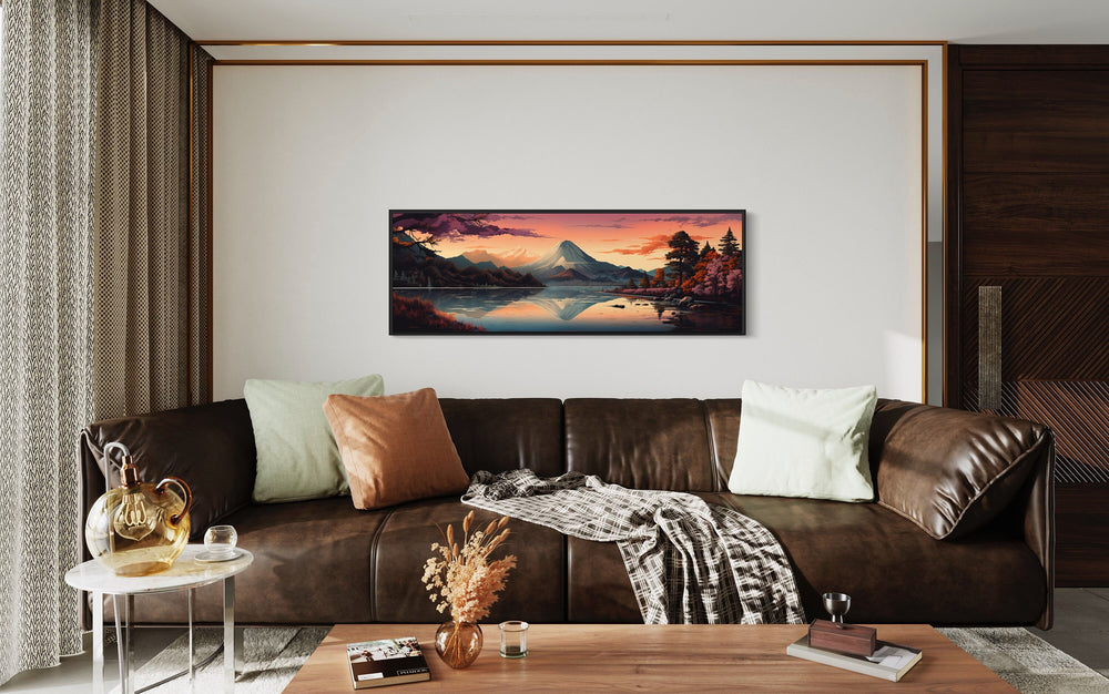 Mt. Fuji Lake Kawaguchiko Japanese Landscape Wall Art in a living room with a brown couch