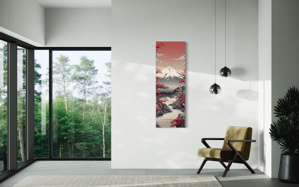 Tall Narrow Vertical Japanese Mt. Fuji Cherry Blossom Landscape Framed Canvas