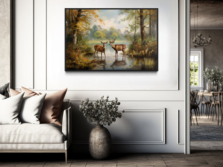 Doe And Buck In The Forest Framed Canvas Wall Art in rustic room