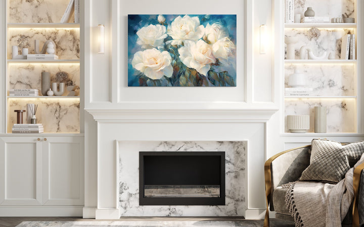 White Roses on Blue Background Abstract Framed Canvas Wall Art above fireplace