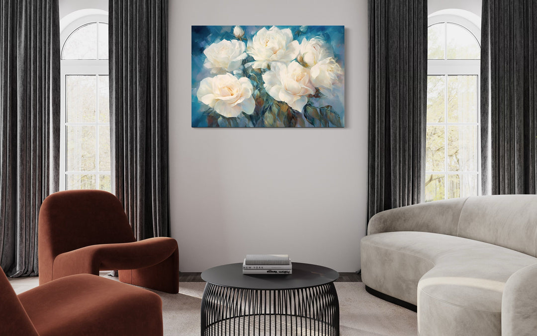 White Roses on Blue Background Abstract Framed Canvas Wall Art in living room