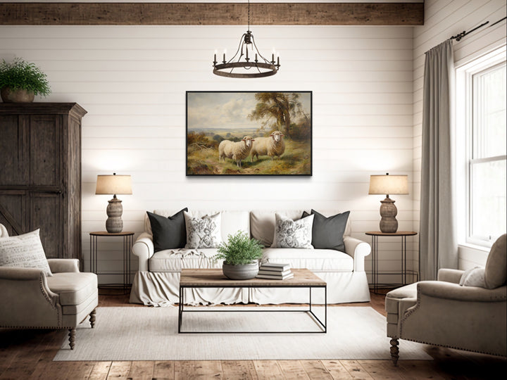 Vintage Pastoral Painting Two Sheep In The Meadow Canvas Wall Art in rustic living room