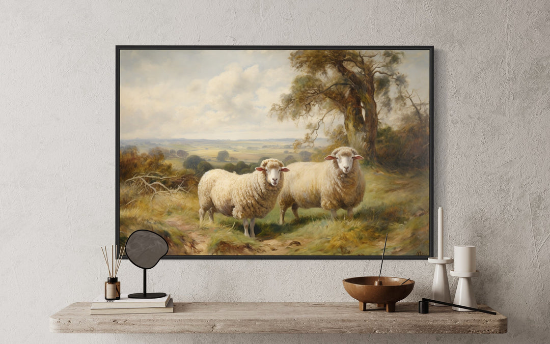 Vintage Pastoral Painting Two Sheep In The Meadow Canvas Wall Art close up