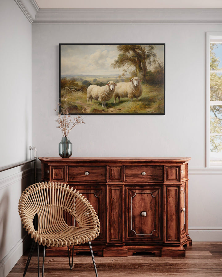 Vintage Pastoral Painting Two Sheep In The Meadow Canvas Wall Art