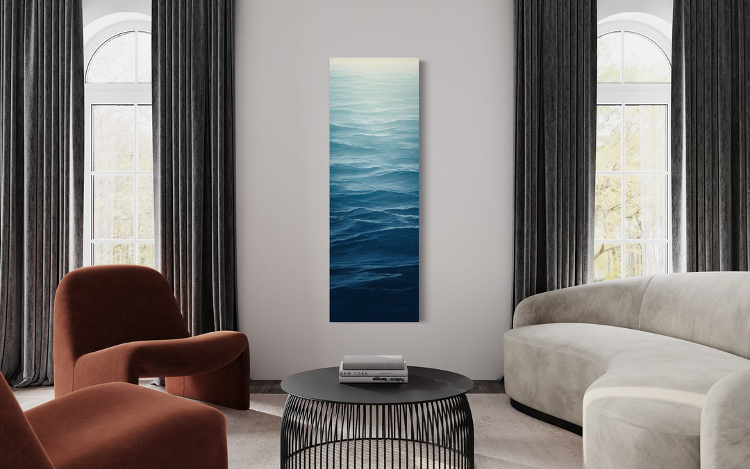 Long Narrow Ocean Waves Navy Blue Vertical Framed Canvas Wall Art