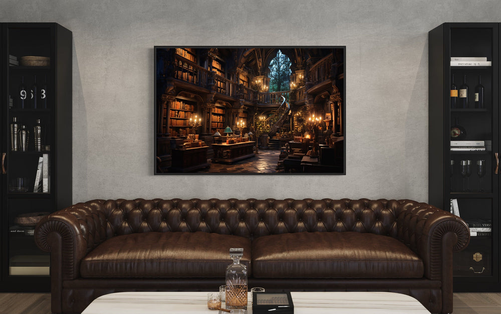 Antique Magical Library Painting Framed Canvas Wall Art in living room