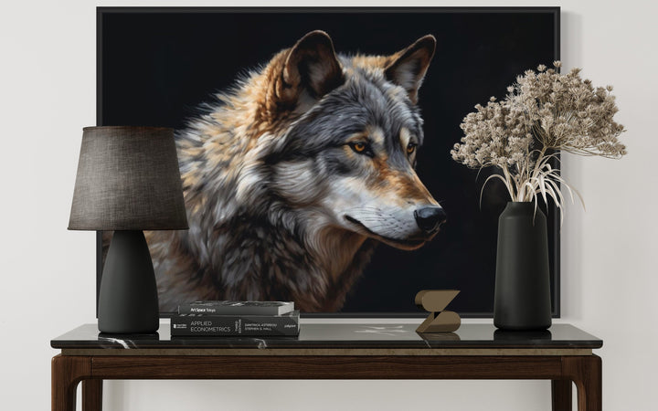 Grey Wolf Portrait Framed Canvas Wall Art above desk