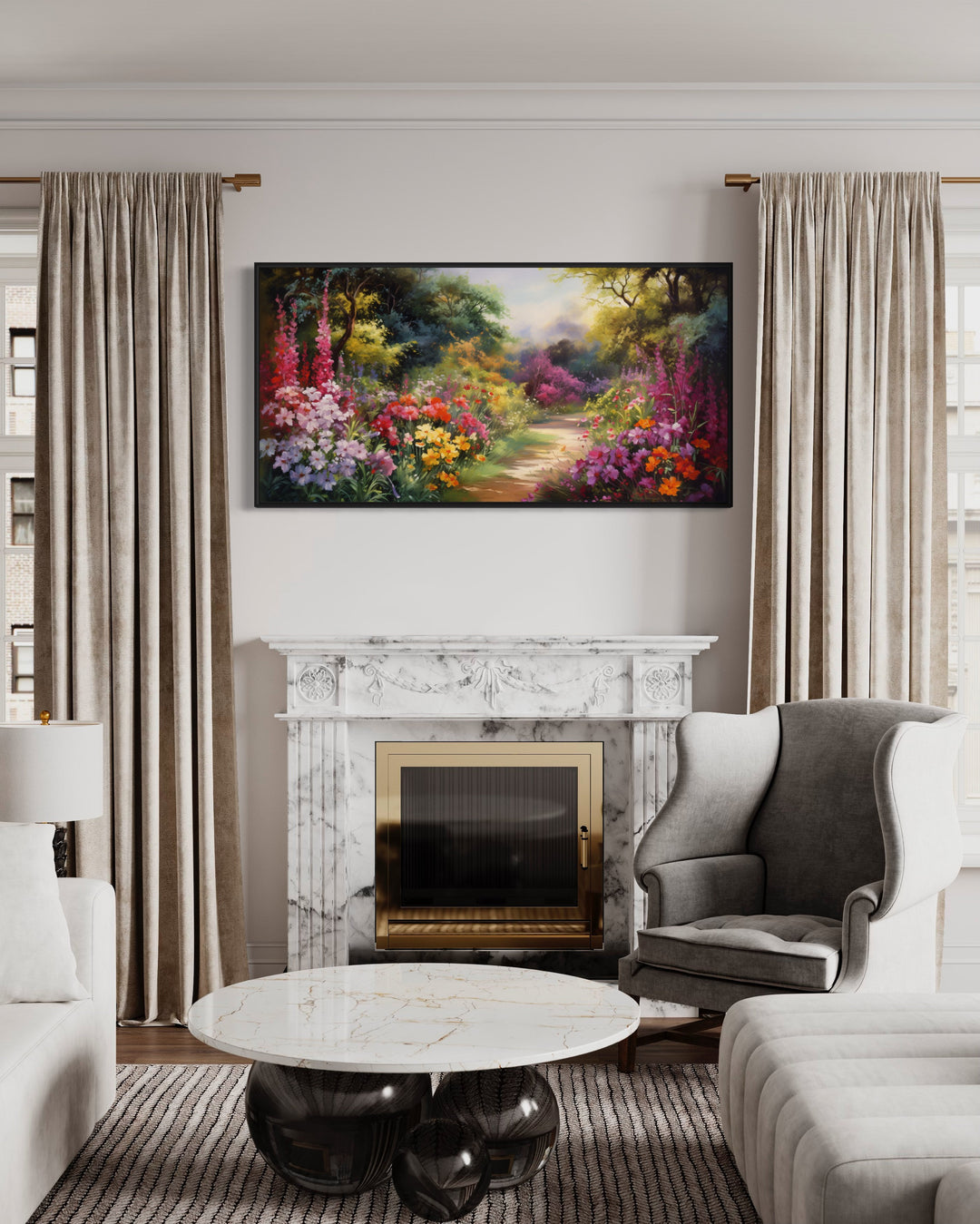 Antique Flower Garden Colorful Framed Canvas Wall Art above fireplace