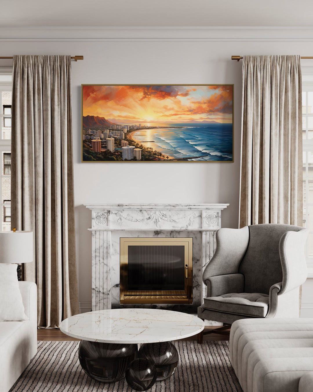 Waikiki Coast At Sunrise Hawaii Framed Canvas Wall Art above fireplace