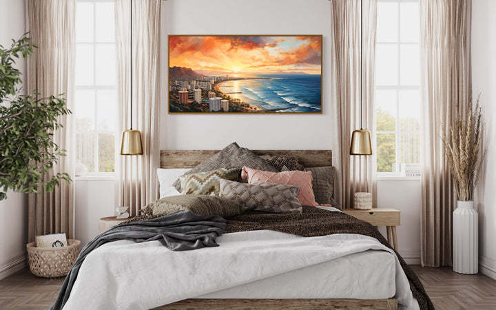 Waikiki Coast At Sunrise Hawaii Framed Canvas Wall Art above bed