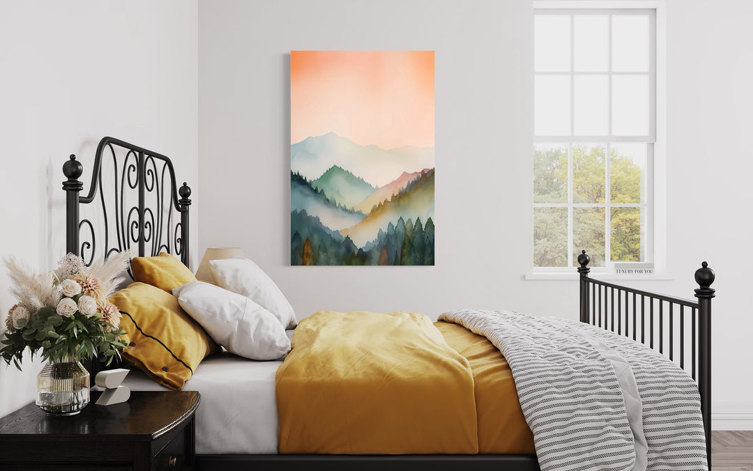 Pastel Mountains Landscape Pink And Green Vertical Framed Canvas Wall Art in bedroom