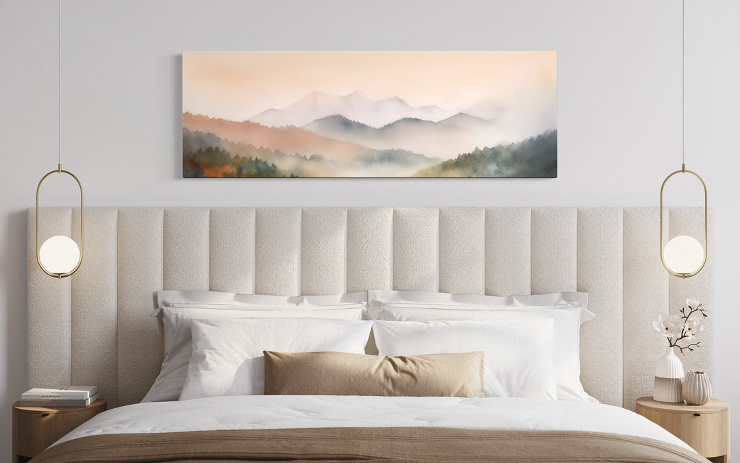 Pink And Green Pastel Mountain Landscape Above Bed Wall Art