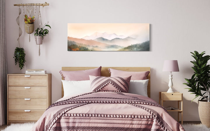 Pink And Green Pastel Mountain Landscape Above Bed Wall Art