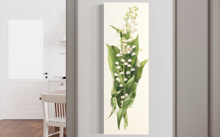 Long Vertical Lily of The Valley Watercolor Wall Art close up