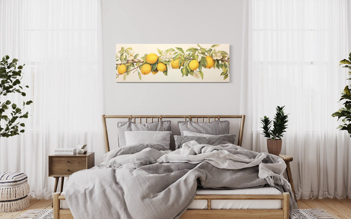 Vintage Lemon Tree Panoramic Wall Art above wooden bed
