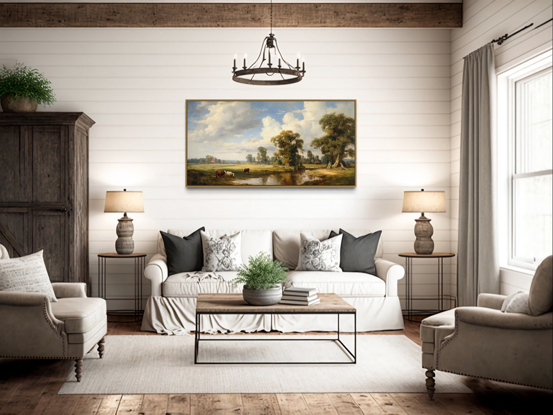 Vintage Country Pastoral Landscape With Cows Framed Canvas Wall Art in rustic room