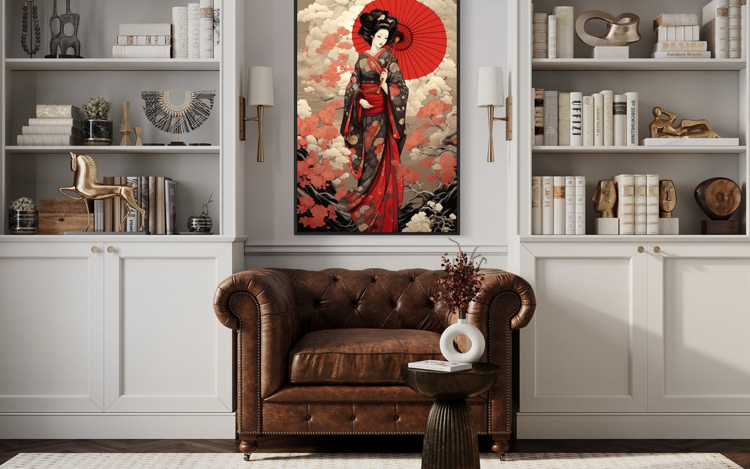 Ukiyo-e Style Geisha With Red Umbrella Framed Canvas Wall Art in library