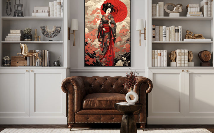 Ukiyo-e Style Geisha With Red Umbrella Framed Canvas Wall Art in library