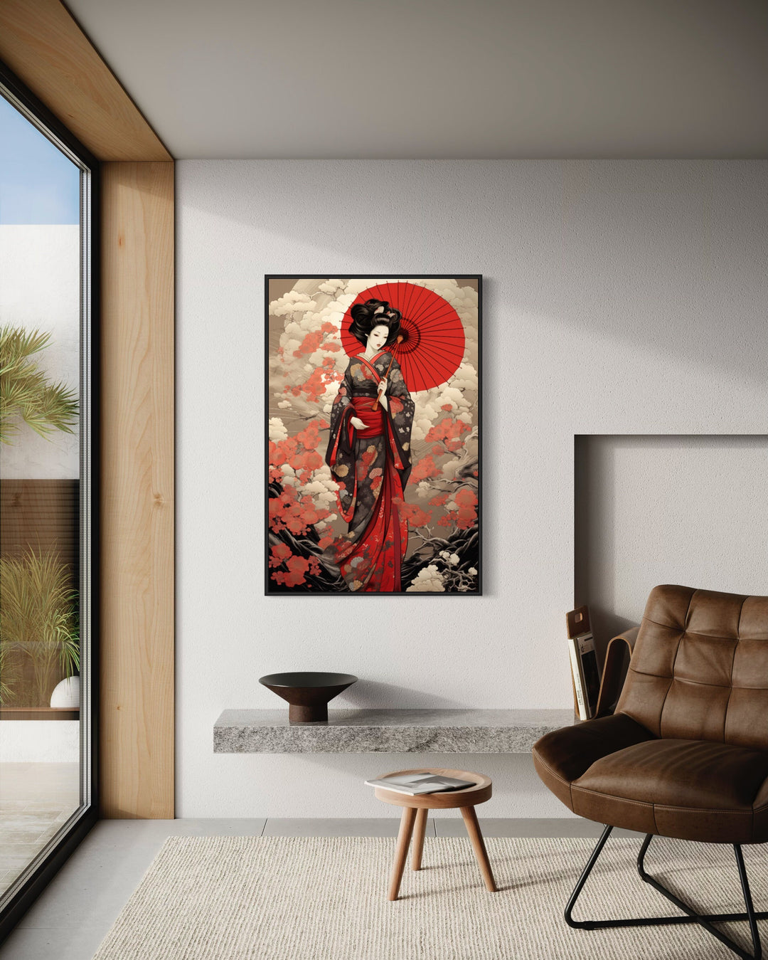 Ukiyo-e Style Geisha With Red Umbrella Framed Canvas Wall Art in living room