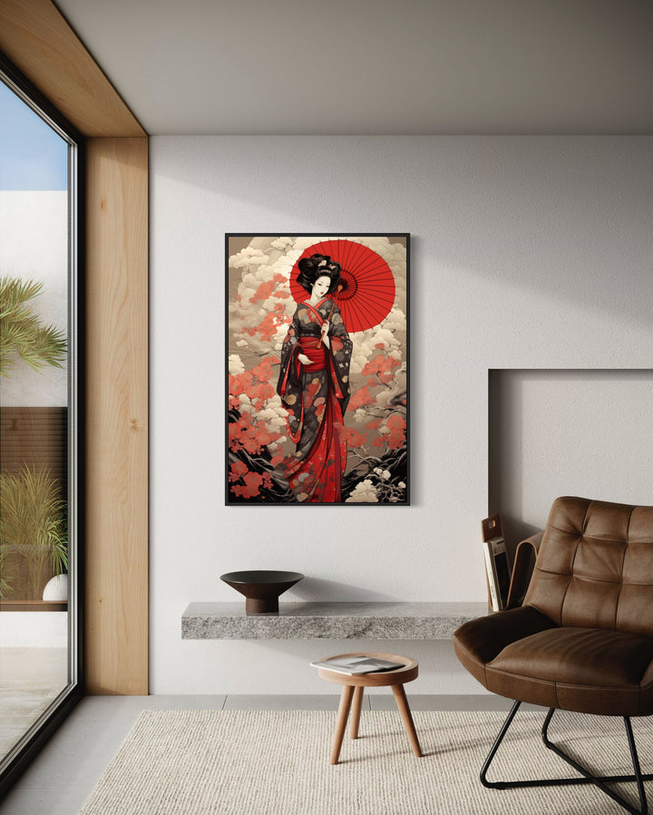 Ukiyo-e Style Geisha With Red Umbrella Framed Canvas Wall Art in living room