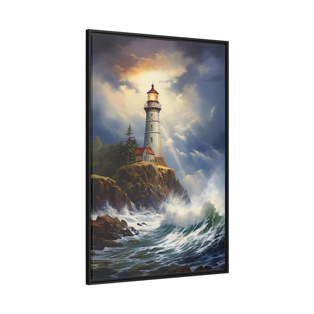 Lighthouse In Stormy Ocean Framed Canvas Wall Art side view