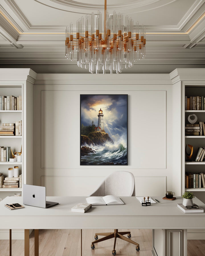 Lighthouse In Stormy Ocean Framed Canvas Wall Art in the office
