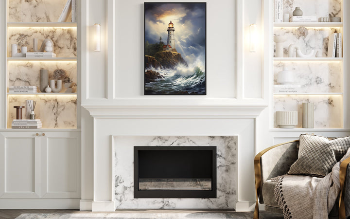 Lighthouse In Stormy Ocean Framed Canvas Wall Art above fireplace