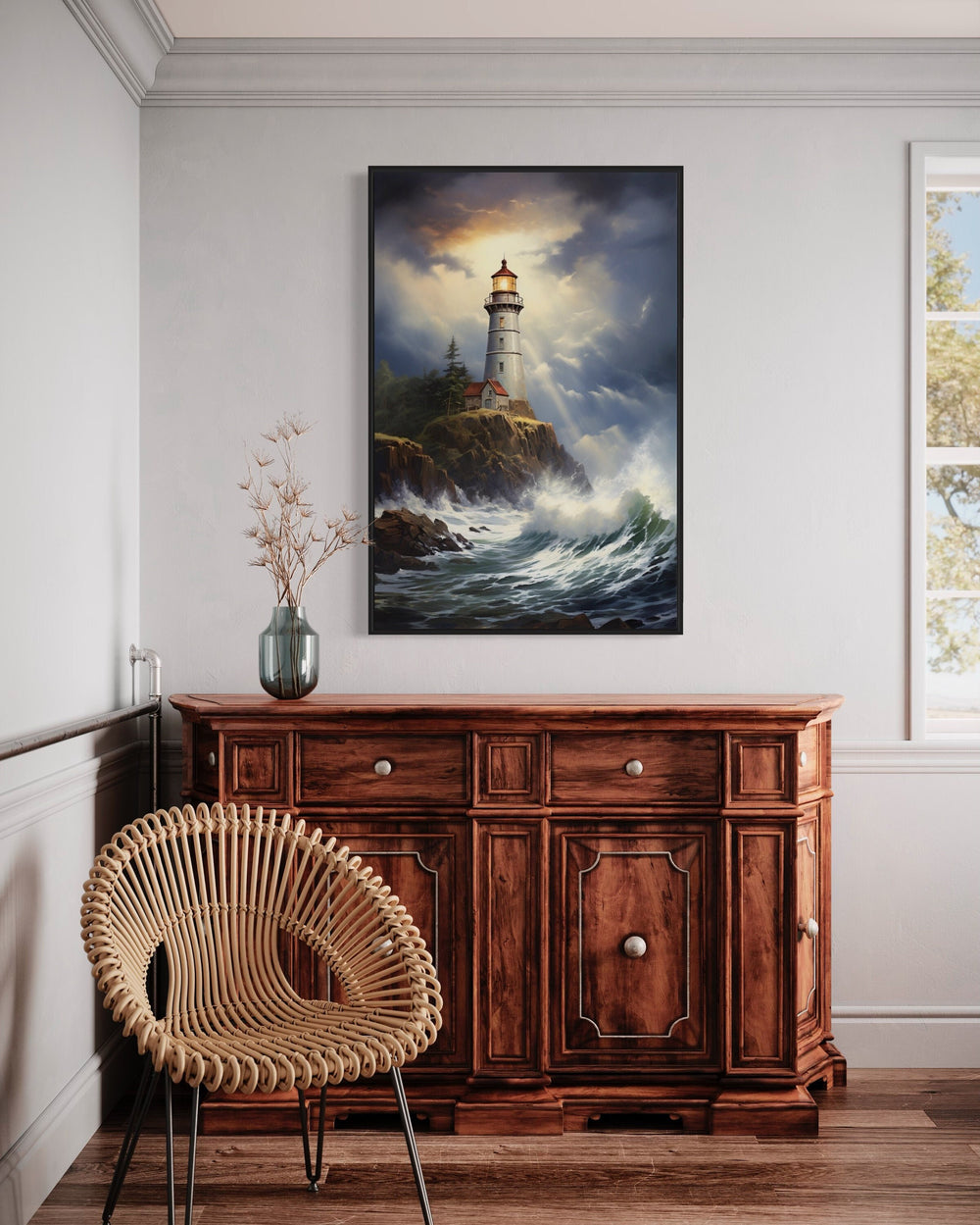 Lighthouse In Stormy Ocean Framed Canvas Wall Art