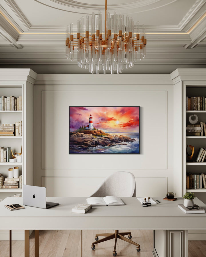 Colorful Lighthouse At Sunset Framed Nautical Wall Decor in the office