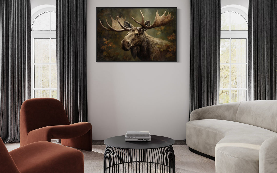 Moose With Antlers In The Forest Wall Art in modern living room