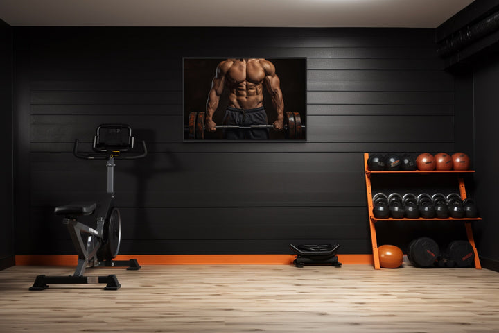 Athletic Man Lifting Barbell Motivational Home Gym Framed Canvas Wall Art in the gym