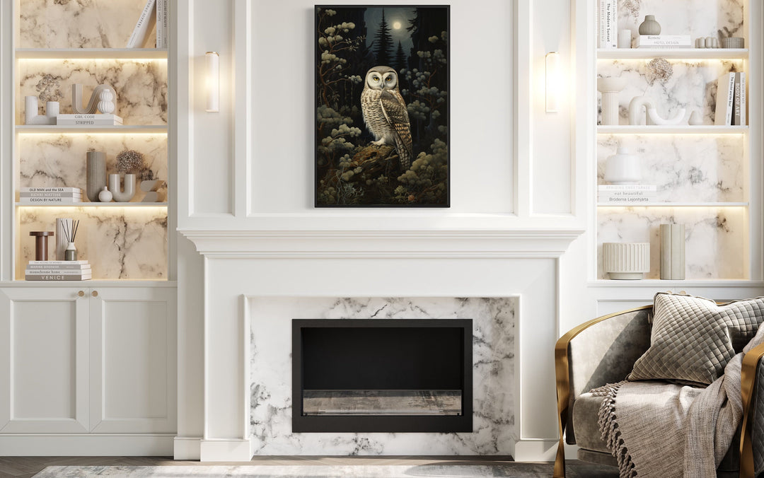 Owl in Haunted Forest Gothic Framed Canvas Wall Art above fireplace