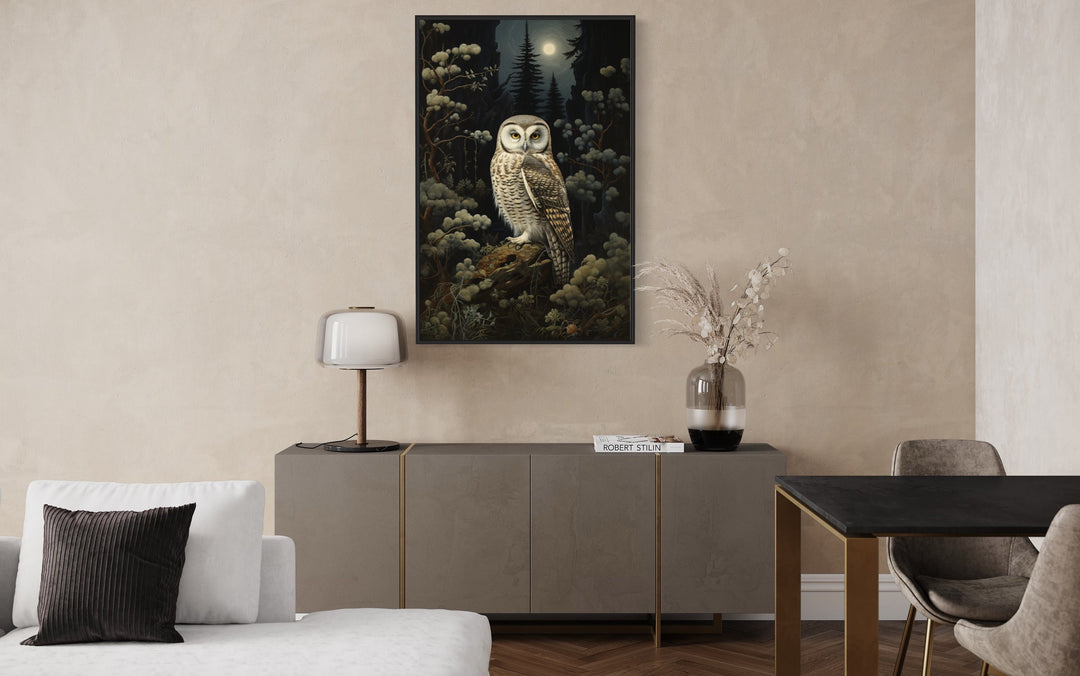 Owl in Haunted Forest Gothic Framed Canvas Wall Art in living room