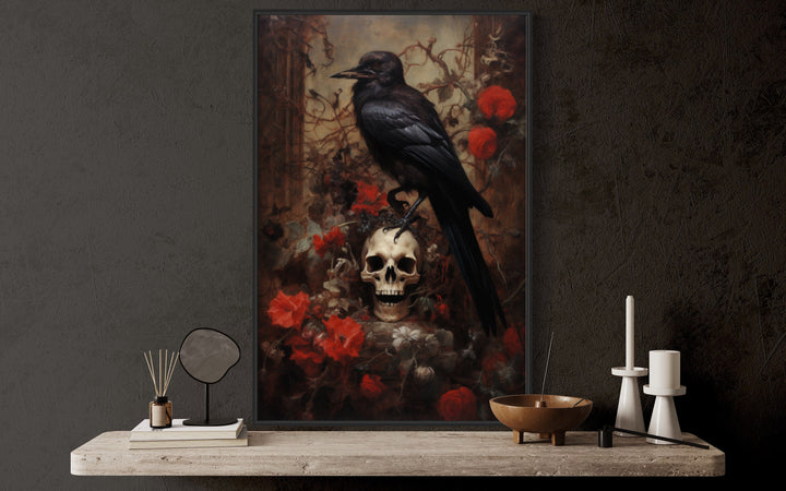 Raven On Skull and Flowers Gothic Framed Canvas Wall Art