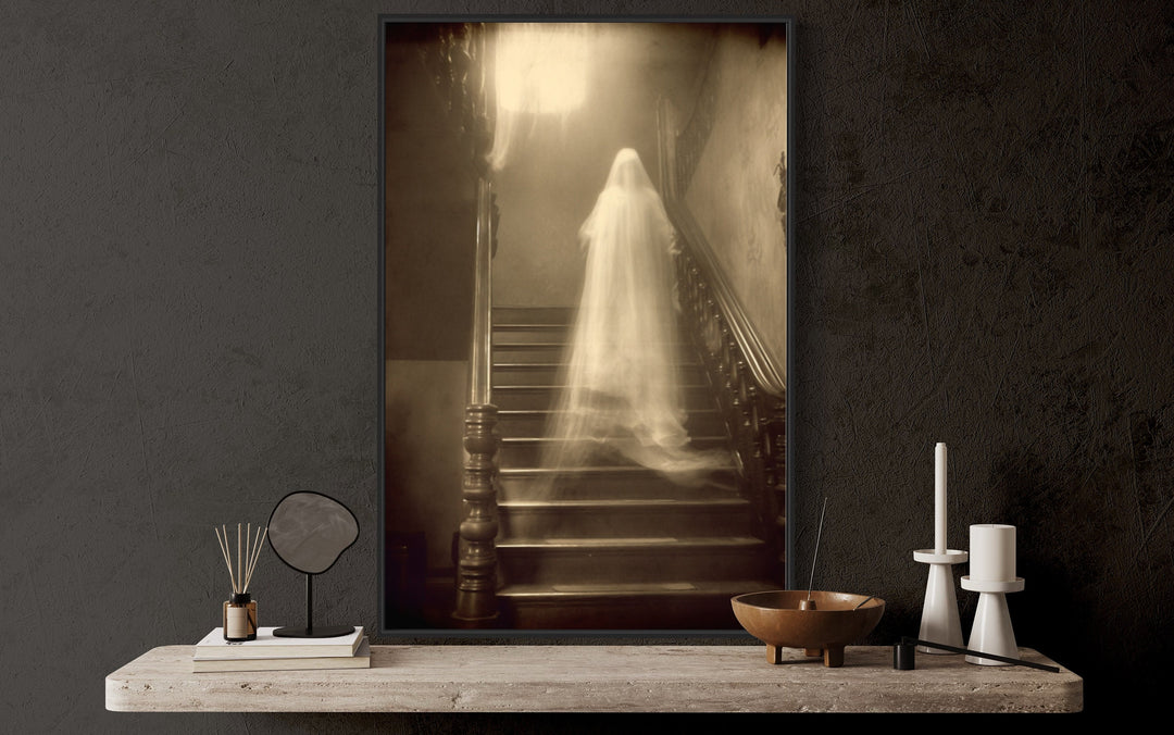 Ghost On Stairs in Haunted House Photograph Framed Canvas Wall Art close up