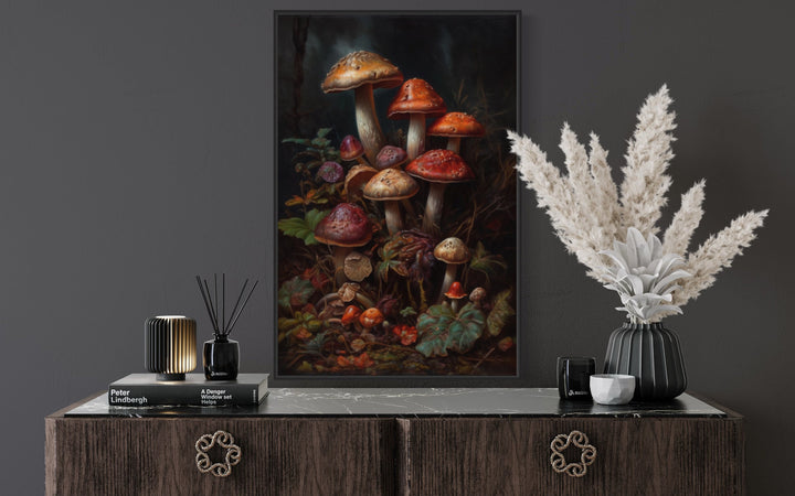 Vintage Mushrooms Dark Academia Canvas Wall Art in dark gothic room