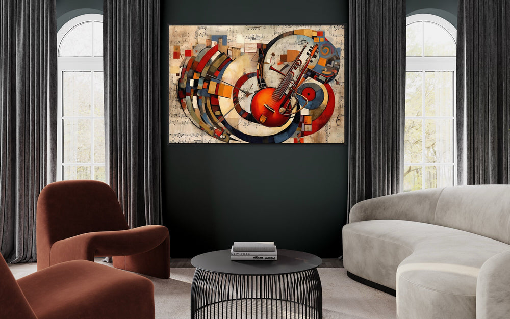 Jazz Musical Instruments Abstract Framed Canvas Wall Art in living room