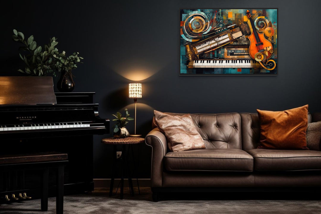 Musical Instruments Abstract Framed Canvas Wall Art in music room