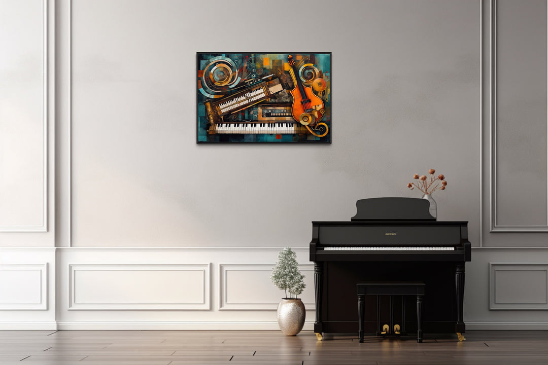 Musical Instruments Abstract Framed Canvas Wall Art in music room