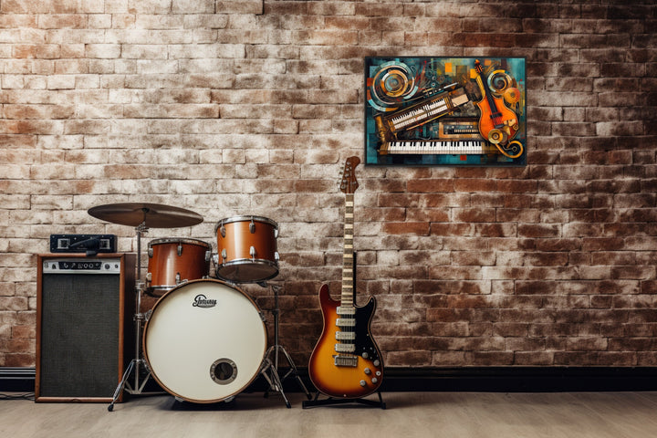 Musical Instruments Abstract Framed Canvas Wall Art in music room