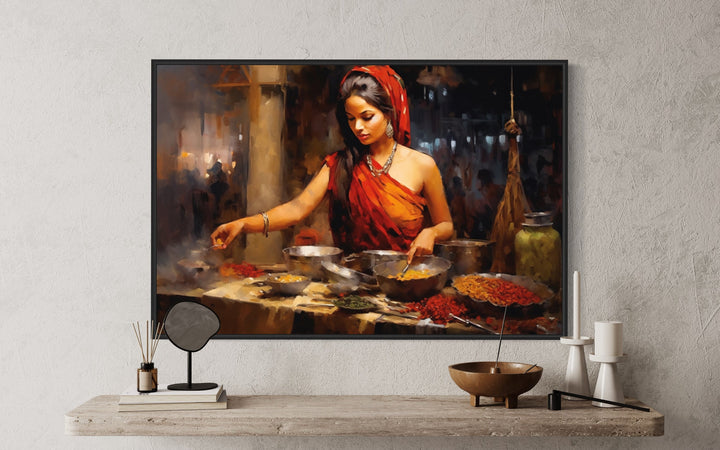 Indian Woman At Market Painting Indian Canvas Wall Art "Spice Bazaar" over wooden shelf