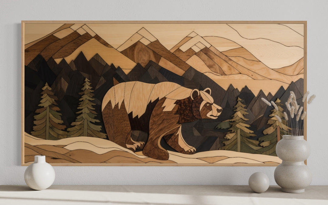 Bear in Mountains Wood Panel Effect Cabin Decor Framed Canvas Wall Art close up