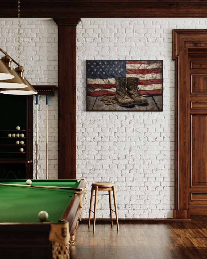 American Flag And Soldier Boots Military Patriotic Wall Art in billiards room