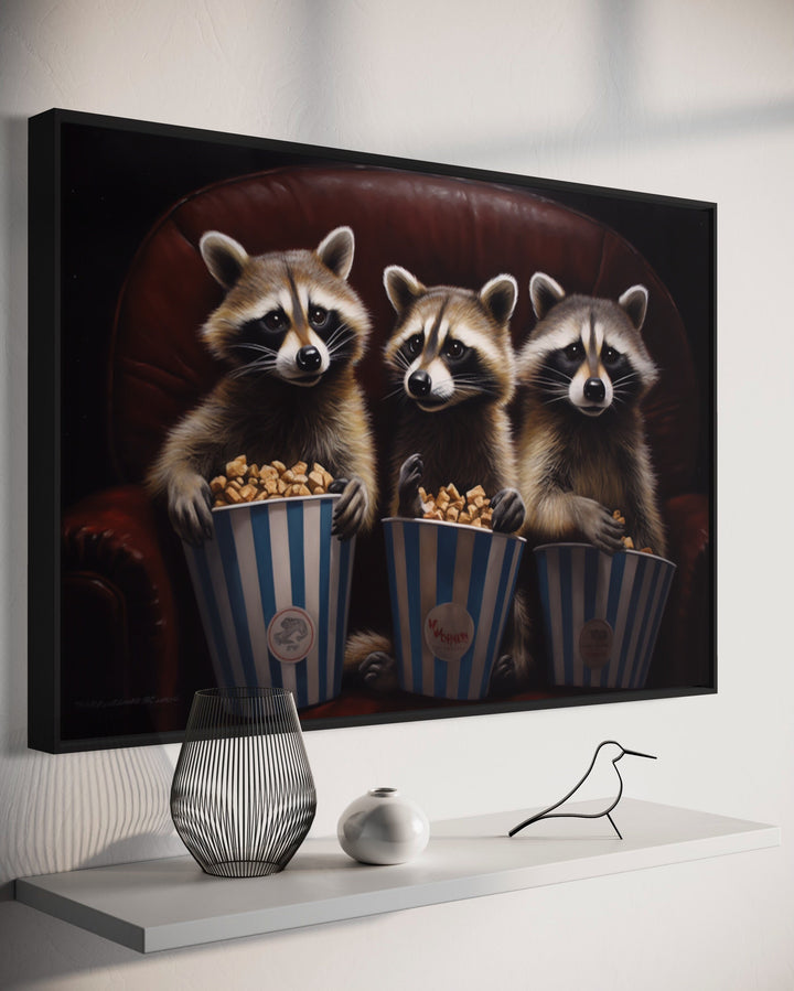 Raccoons In Movie Theater Eating Popcorn Home Theater Canvas Wall Art side view