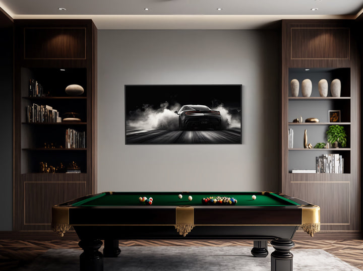 Black White Drifting Sports Car Framed Canvas Wall Art in billiards room