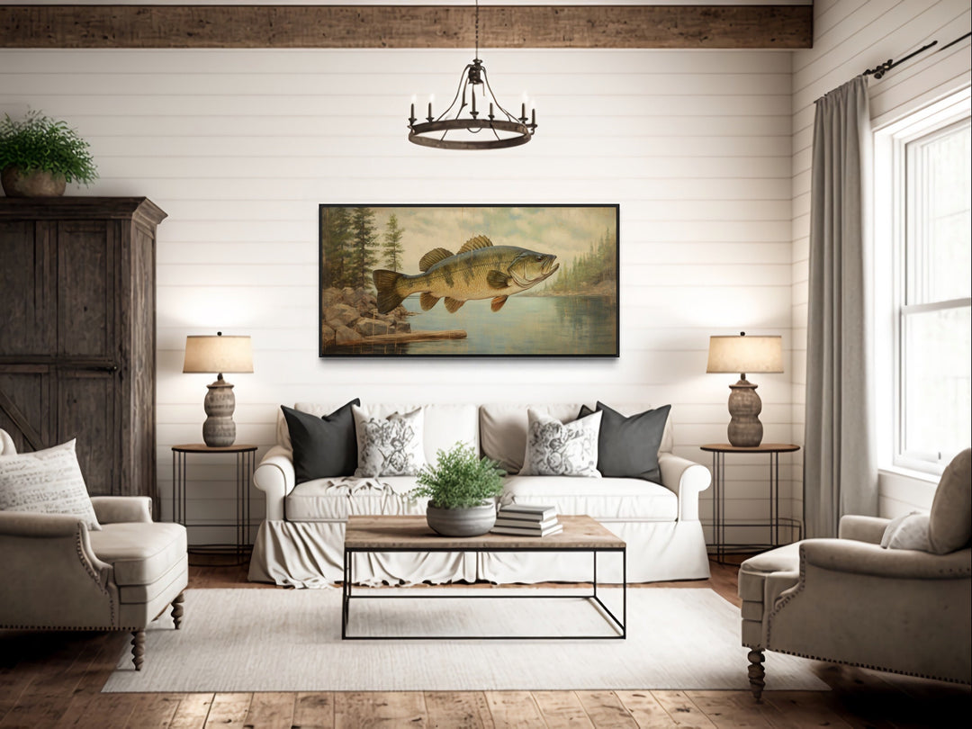 Gone Fishing Vintage Cabin Sign Framed Canvas Wall Art above couch