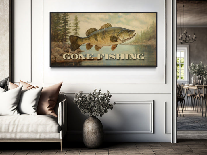 Gone Fishing Vintage Cabin Sign Framed Canvas Wall Art