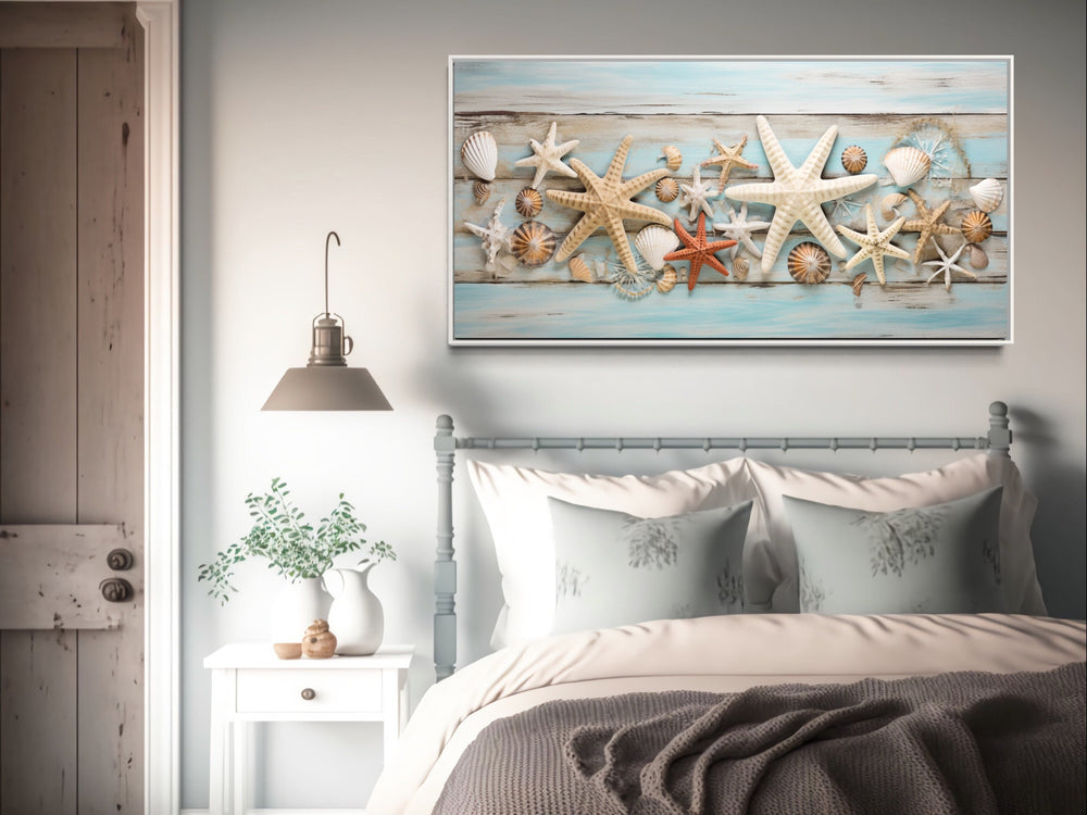 Starfish And Seashells Painting Beach House Framed Canvas Wall Art above bed