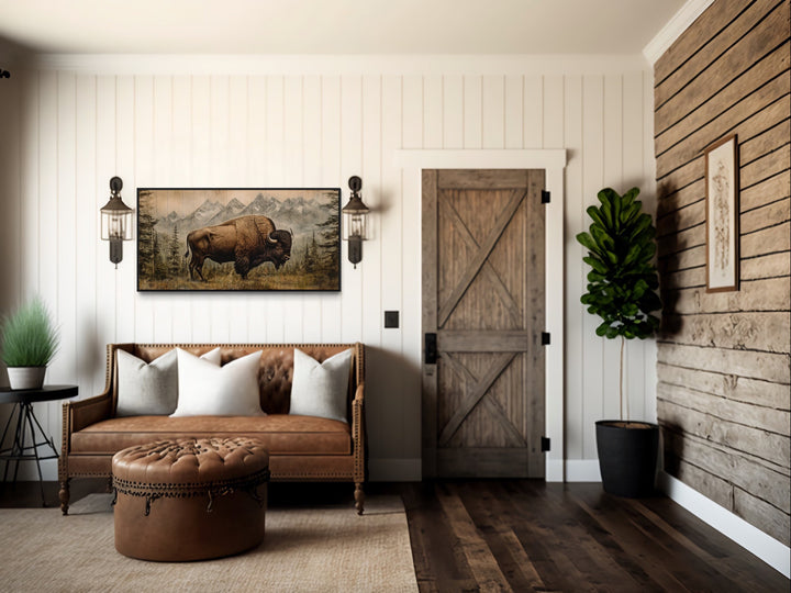 American Bison Painting Wood Panel Effect Western Wall Art in rustic house